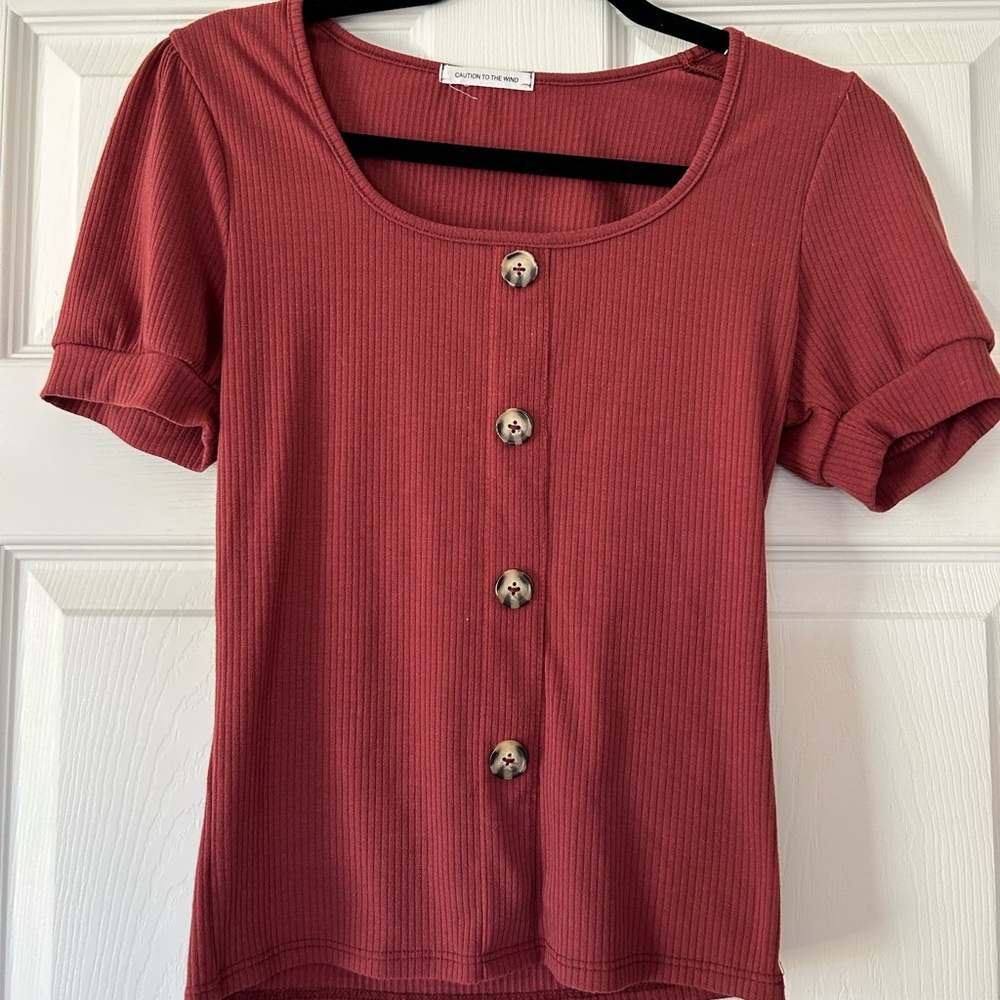 Ribbed Rust Tee with Buttons